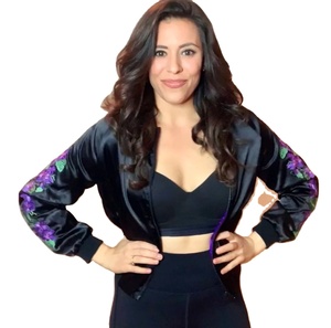 Black Satin Bomber <b>Jacket</b> With Purple Floral Embroidery Full Sleeve Zipper Closure Women's Autumn Fashion <b>Jacket</b> - Product Image 3