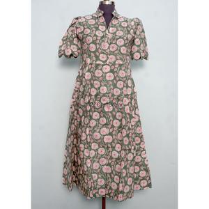 Kangura Women's Eco-friendly 100% Cotton Modern Floral A-Line Midi Dress V-Neck Short Sleeve Breathable Button Decoration Office - Product Image 1