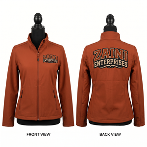Veste softshell pour femme, 320 GSM, polyester laminé, marron rouille, design à panneaux, broderie personnalisée, logo appliqué en twill - Product Image 1