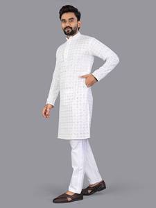 HENIXA CREATION Traje Tradicional Afgano de Piel Sintética con Diseño Chikankari Schifli, Corte Ajustado, Secado Rápido, para Hombre, Invierno y Verano - Product Image 2