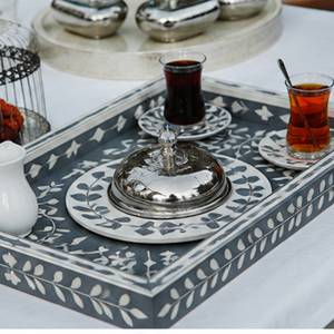 Luxury Mother of Pearl Inlay Wooden Serving Tray with Handles Bakhoor Incense Oud Burner | Ramadan Eid Home Decor Storage Tray - Product Image 1