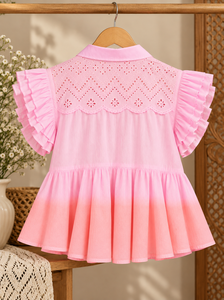 Chemisier rose à manches courtes pour femme avec volants et dentelle ajourée, col rabattu, style doux, haut printemps-été - Product Image 5