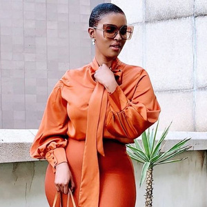 Blusa de satén naranja para mujer con cuello de lazo y mangas abullonadas, elegante top de oficina, color sólido, para primavera/verano, estilo africano. - Product Image 4