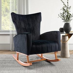 Fauteuil à bascule en bois de Sheesham avec coussin pour siège et dossier |   Fauteuil à bascule artisanal en bois massif |   Tissu noir - Product Image 3