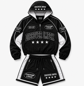 Ensemble veste à capuche et short de sport unisexe noir 100% nylon 2-en-1, imperméable, respirant, coupe-vent, écologique, séchage rapide - Product Image 1