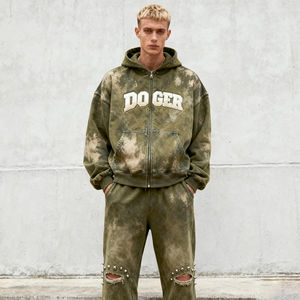 Sweat à capuche pour homme en molleton tricoté, style rétro, avec appliqué et effet délavé à l'acide, personnalisé OEM, et ensemble de jogging deux pièces gaufré, style streetwear - Product Image 1