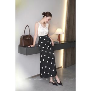 CV629 Black White Polka Dot Satin Polyester Maxi Skirt Women High Waist <b>Thigh</b> Fit Casual Trumpet/Mermaid Design Machine Washable - Product Image 1
