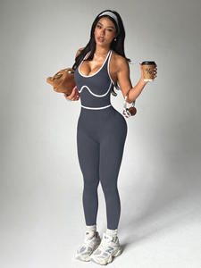 Traje de yoga deportivo sexy con contraste para mujer, mono de fitness transpirable con efecto melocotón para correr - Product Image 5