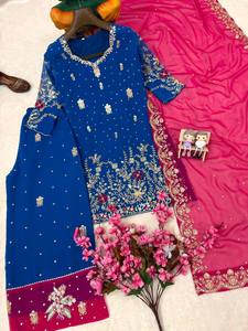 Ensemble Kurta brodé bleu pour femme avec pantalon Palazzo et Dupatta – Tenue de fête traditionnelle indienne et pakistanaise, coupe classique - Product Image 4