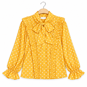 Chemisier de bureau plissé à pois pour femme avec nœud papillon et volants, manches longues, boutonnage frontal – Fournisseur et fabricant en gros - Product Image 2