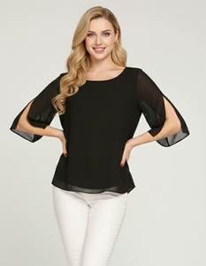 Haut décontracté noir pour femme en tissu georgette uni, avec doublure en crêpe, longueur normale, col rond, manches trois quarts, entièrement cousu, élégant - Product Image 4