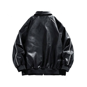 <b>Men's</b> Black PU Bomber <b>Jacket</b> Moto <b>Biker</b> Style Turn-Down Collar Zipper Closure Solid Color Regular Fit Leather <b>Jacket</b> - Product Image 2