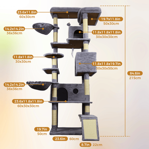 84.6 Albero per gatti grigio scuro con base larga, 3 ampie cucce, 11 pali da grattare in sisal, 2 scale da grattare in sisal - Product Image 3