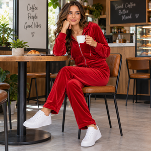 Women's Red <b>Velvet</b> Hooded <b>Tracksuit</b> Set Full Length Loose Fit Casual Winter 2 Piece Long Sleeve Velour Jogger Set - Product Image 4