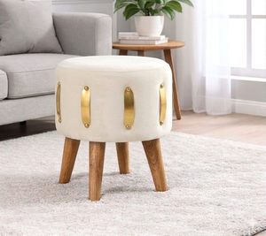 Velvet Round Golden Multiple Strip Ottoman Office <b>Stool</b> Foot Rest <b>Stool</b> Linen Fabric Padded <b>Seat</b> Pouf Ottoman with Round Shape - Product Image 2