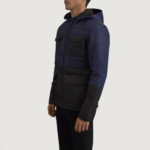 Blouson matelassé homme bleu marine et noir à blocs de couleur, coupe-vent, épais et isolé, style décontracté, col montant, bouton unique - Product Image 2