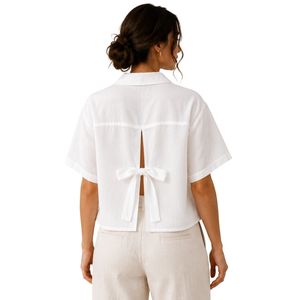 Custom White Embroidered <b>Linen</b> Blend Crop Shirt For Women Short Sleeve Button Up Casual Summer Blouse Custom Logo Private Label - Product Image 2