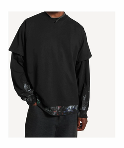 T-shirt à manches courtes superposées à des manches longues, design double chemise, broderie sur la poitrine, tissu épais, coupe oversize. - Product Image 1