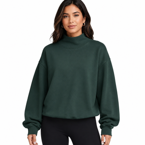 Sweat-shirt à col roulé oversize pour femme, 100% coton molletonné, épaules tombantes, manches longues, vert uni, style automne - Product Image 1