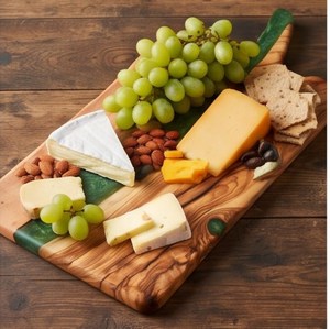 Tabla de cortar de madera de olivo de estilo lujoso con incrustaciones de resina verde y asa, bandeja rectangular para servir queso - Product Image 4
