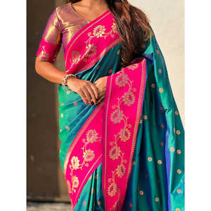 Green Soft Silk Lotus Paithani Saree <b>Indian</b> & <b>Pakistani</b> <b>Clothing</b> Elite Weaves 650g - Product Image 2