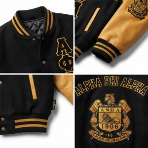 Chaqueta Personalizada de Lana Melton de 550 g/m² con Mangas de Cuero Genuino y Parches en Relieve para la Fraternidad Phi, HBCU, Sostenible para Hombres - Product Image 4