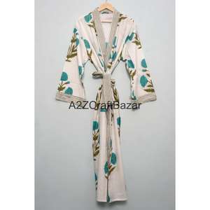 Bata Kimono Larga de Algodón 100% con Estampado Floral Hecho a Mano, Transpirable para Todas las Estaciones, Regalo Perfecto de Navidad - Product Image 3