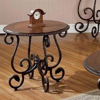 Table basse ronde en bois d'acacia naturel de luxe avec base en fer forgé ornée de motifs pour salon, mobilier d'hôtel