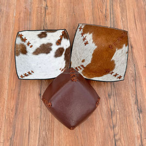 Western Tan & White Hair On Cowhide Leather 3 Juegos de bandejas Premium Brown Relieve Leather Bowl Lujoso Valet Tray Regalos de boda - Product Image 3