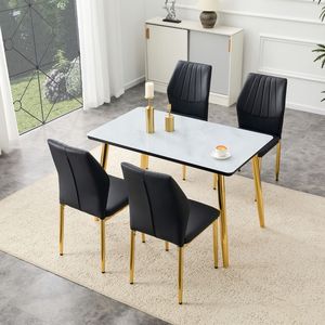 Set Tavolo e Sedie Bianco Effetto Marmo per Ristoranti, Piano in Vetro, Base in MDF, Gambe Affusolate in Metallo Dorato, Set da 4 Pezzi - Product Image 1