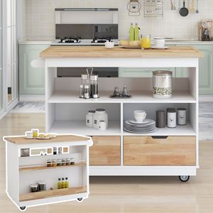 Carrello da Cucina a Due Lati con Ruote, Piano in Legno di Gomma e Portabottiglie e Portaspezie, Ampio Kit di Stoccaggio - Product Image 1