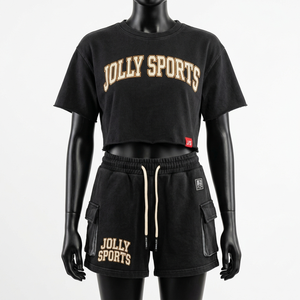 Women Cotton Jersey 200 GSM Black T Shirt Short Set Soft Breathable Fabric <b>Rhinestone</b> Custom Logo 100% Cotton Crop <b>Top</b> & Shorts - Product Image 5