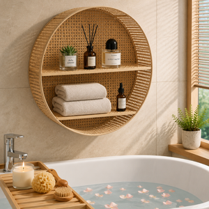 <b>Rustic</b> Bamboo Round Wall Shelf Decorative Storage Unit for Modern Spa and Restaurant Interior Design Handwoven Rack - Product Image 2