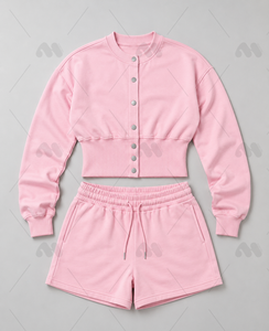 Ensemble de survêtement en coton tricoté rose pour femme, broderie machine, haut à manches longues boutonné, short décontracté, couleur unie, séchage rapide - Product Image 6
