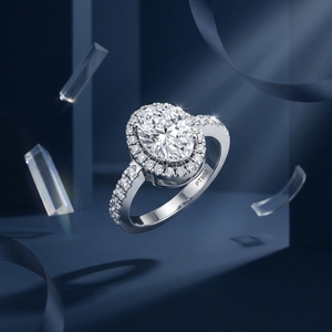 Bague de fiançailles pour femme en or blanc avec diamant taille ovale, halo et diamants latéraux, certifiée IGI, style classique - Product Image 3