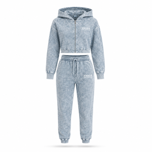 Trendy Acid Wash Hooded 100% Cotton <b>Women's</b> Winter Crop Hoodie Lace Rhinestone Embroidered Fleece <b>Baggy</b> <b>Trouser</b> 2-Piece Set - Product Image 5