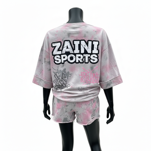 Ensemble T-shirt et short pour femme en coton et polyester de qualité supérieure, tissu French Terry 260 GSM, tie-dye, logo personnalisé imprimé à l'écran, ensembles pour femmes - Product Image 2