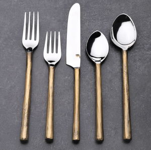 Vintage <b>Antique</b> Gold Handle Stainless Steel Cutlery Set Round Stem Flatware <b>Safe</b> Wedding Utensils - Product Image 2