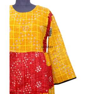 Vestido largo estilo bohemio moderno para mujer, corte en A, estampado, 100% algodón kantha, mangas tres cuartos, vestido natural. - Product Image 2