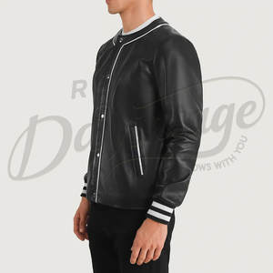 เสื้อแจ็คเก็ตบอมเบอร์หนังแท้สีดำสำหรับผู้ชาย แบบไม่มีปก แต่งขอบสีขาวและปลายแขนเสื้อแบบริบแถบลาย - Product Image 5