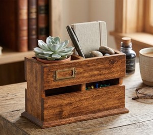 Acacia Wood Tabletop Cutlery <b>Caddy</b> with 2 Compartments Rustic Wooden Flatware Storage Organizer for Dining Table <b>Kitchen</b> Counter - Product Image 4