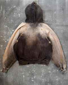 Sudadera con capucha unisex con cremallera y estampado floral desgastado, estilo vintage, marrón, oversize, streetwear, con brillo floral, 2026 - Product Image 5