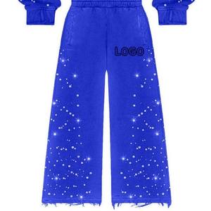 Blue Hooded Sweatshirt and Pants Set with Logo Print Casual Men's Tracksuit Autumn Knitted Cotton Two Piece Outfit - Product Image 3