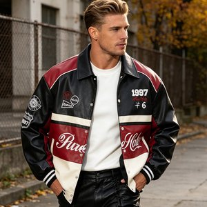 Blouson universitaire réversible en PU pour homme, motifs patchwork rouge, noir et blanc, col rabattable, streetwear automne, polyester 220g - Product Image 3