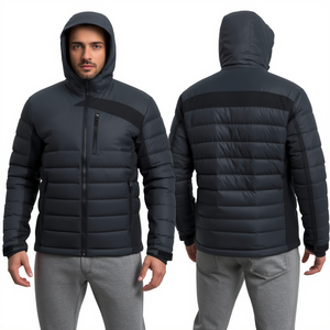 Custom Men Canvas <b>Thin</b> Stand Collar Front Logo <b>Waterproof</b> Hooded High Street Premium Insulated Winter Outdoor Puffer <b>Jacket</b> - Product Image 1