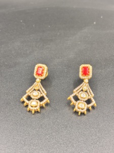 Gold Plated Silver Classic <b>Red</b> Square Doublet Stone Stud <b>Earrings</b> Moissanite CZ Geometric Design Women's Wedding Jewelry-Amaira - Product Image 2