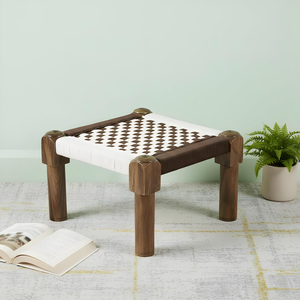 Tabouret Charpai en bois artisanal, petit siège tressé, ottoman indien traditionnel, repose-pieds, décoration rustique pour la maison, meubles en gros - Product Image 3