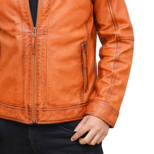 Men's Orange Solid Color Stand Collar Genuine <b>Leather</b> <b>Jacket</b> Zipper Closure Slim Fit Available For Online Sale - Product Image 2