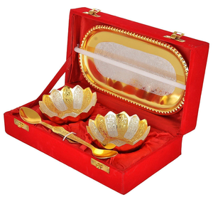 Flower Shape Gold Silver <b>Bowl</b> Set with Tray and Spoons Decorative <b>Metal</b> Serving <b>Bowls</b> Luxury Dry Fruits Sweets Snacks Home Dini - Product Image 1
