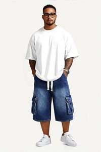 Pantalones Cortos de Mezclilla para Hombre, Estilo Bermuda, Cintura Media, con Cordón, Color Sólido, Corte Holgado Informal, con Bolsillos, Transpirables, de Algodón Tejido - Product Image 3